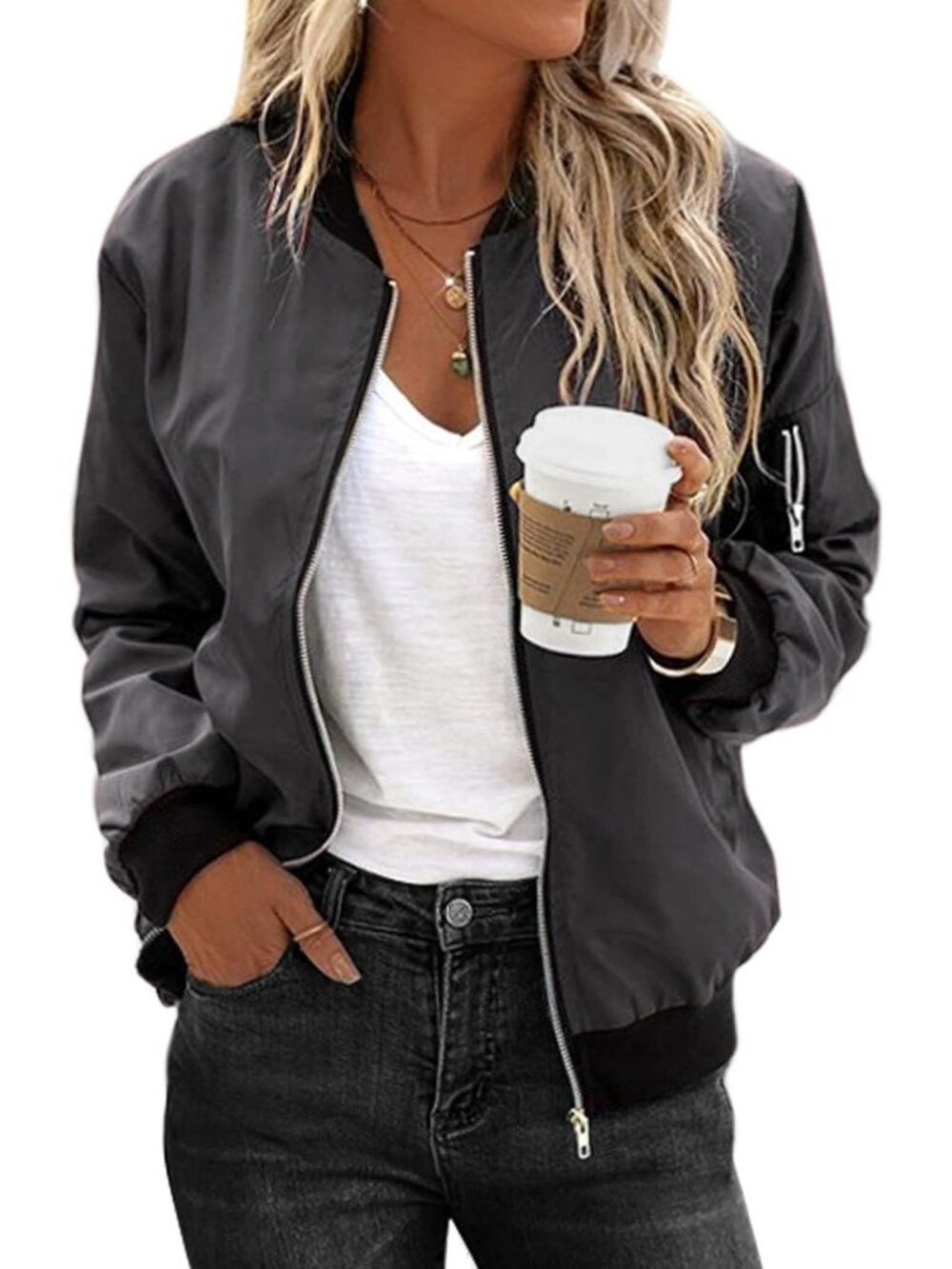 Women's Army Green Coat Zip Up Spring Fall Clothes with Pockets Bomber Jacket